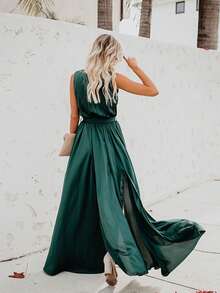 Vestido largo de talla grande sin mangas con escote en V y abertura alta de color sólido - Verde - Ver 6