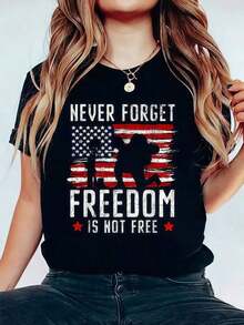 Camisetas de cuello redondo 100% algodón con estampado "Never Fet Dom Is Not USA American Memorial Day", camiseta estampada para verano, para mujeres y hombres, top suave de manga corta, camiseta cómoda para mujer, camiseta gráfica, conjuntos de verano para mujer, camiseta de gran tamaño. - Negro - Ver 1
