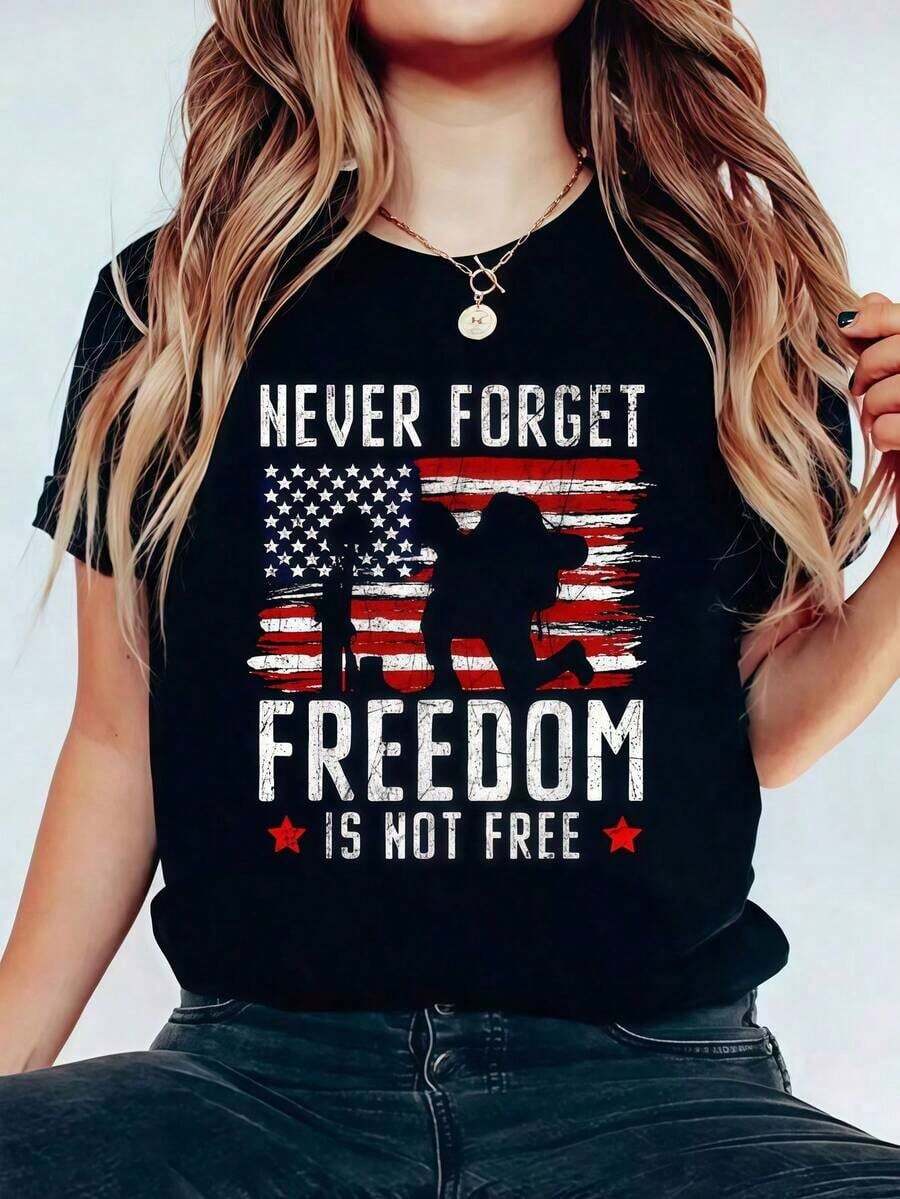 Camisetas de cuello redondo 100% algodón con estampado "Never Fet Dom Is Not USA American Memorial Day", camiseta estampada para verano, para mujeres y hombres, top suave de manga corta, camiseta cómoda para mujer, camiseta gráfica, conjuntos de verano para mujer, camiseta de gran tamaño. - Negro - Ver 1