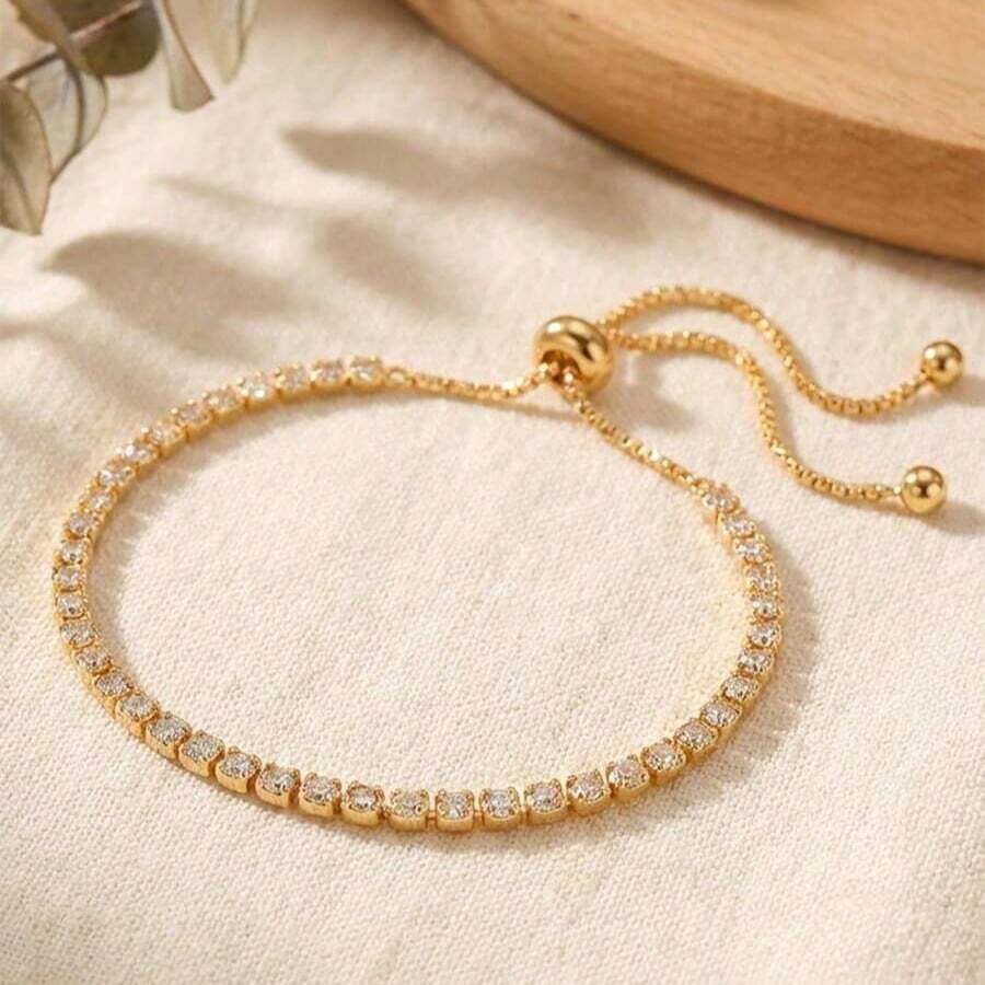 1 pieza Pulsera ajustable de cristal cuadrado dorado elegante y de lujo para mujeres, adecuada para uso diario, citas, vacaciones, bodas, días festivos, regalo de cumpleaños, Día de la Madre, San Valentín - Pulsera de oro con diamantes - Ver 1