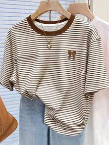 Camiseta de cuello redondo casual con estampado digital a rayas y bordado de fresa, regalo para amigos - Multicolor 6 - Ver 3