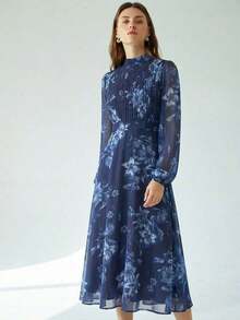 Vestido de manga larga con acento plisado en la cintura, de estampado de teñido anudado, elegante y versátil para uso diario, en azul y verde - Multicolor 5 - Ver 4
