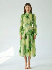 Vestido de manga larga con acento plisado en la cintura, de estampado de teñido anudado, elegante y versátil para uso diario, en azul y verde - Multicolor 6 - Ver 3