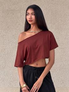 Top corto asimétrico de mujer con cuello blanco y flecos, camiseta de manga corta de moda versátil Y2K oversize y sexy, para primavera/verano - Rojo - Ver 4