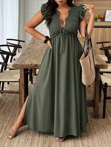Weeklong Vestido casual de talla grande con cuello en V profundo, cordón y mangas de cáp en unicolor - Verde militar - Ver 4