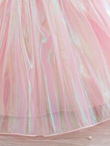 BabyGirl 3D Floral Off-Shoulder Contrast Mesh Dress, Flower Girl Birthday Party Ball Evening Gown, 1st Birthday Ceremony Princess Dress - Pink - View 9
