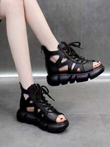 Giày sandal đế xuồng mùa hè mới cho bé gái, kiểu La Mã, khoét lỗ, thoáng khí. - màu đen - Xem 6
