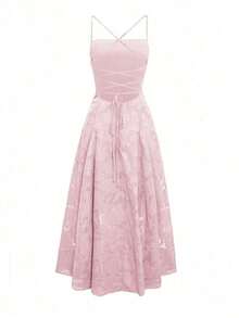 Vestido de verano sexy y elegante para mujer de Unadoll, con cinturón de cordón en la cintura y diseño sin espalda, hecho de tela jacquard, adecuado para vacaciones, playa, citas, vuelta al colegio, bodas, fiestas y otras ocasiones - Rosa 2 - Ver 4