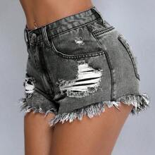 ICON Plus Size Fashion Casual Summer Versatile Distressed Denim Shorts - Gris Claro - Ver 2