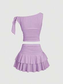 Conjunto de top de tirantes y minifalda plisada y con decoración de flores metálicas para mujer, ideal para el verano - Morado 2 - Ver 4