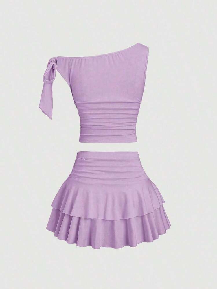 Conjunto de top de tirantes y minifalda plisada y con decoración de flores metálicas para mujer, ideal para el verano - Morado 2 - Añade 4