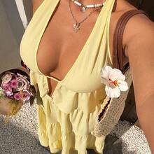 SunnyBelle 2pcs Solid Color Sexy Minimalist Vacation Style Halter Neck Loose Long Skirt Set, Elegant Beach Skirt Set Butter Yellow Two Piece Set Vacation Outfits Woman Skirt Set Maxi Skirt Two Piece Set Summer Skirt And Top Set - Rosa Pálido - Ver 5