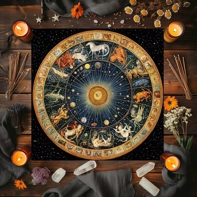 1pc Tarot Tablecloth Multiple Sizes Digital Print 12 Zodiac Signs Constellation Design Polyester Fabric Divination Pad Home Decor