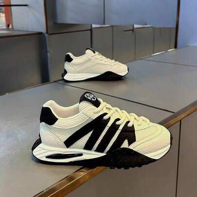 New Men's Contrast Color Thick Sole Casual Running Shoes, Breathable Retro Street Style Chunky Sneakers, Suitable For All Seasons, Essential For Daily Commute And Vacation Travel