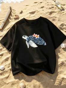 Single Garment With Cat Print, Not A 3-Piece Set, 1 Piece/Set Of Short-Sleeved T-Shirts Suitable For Streetwear, Oversized Round Neck Top For Daily Outings, Camping, Concerts, Hip-Hop, Rock And Rap Events, Short-Sleeved Round Neck T-Shirt, Casual Top For Summer And Spring, Women's Clothing. - 黑色 - 查看 2
