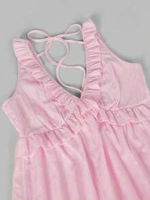 Vestido mini de mujer de color amarillo liso con volantes en los tirantes, de estilo casual de vacaciones, para verano - Rosa Pálido - Ver 4
