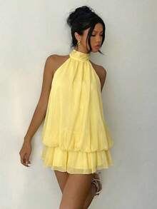 Vestido mini elegante de mujer con cuello halter y lazo en color amarillo claro - Amarillo claro - Ver 4