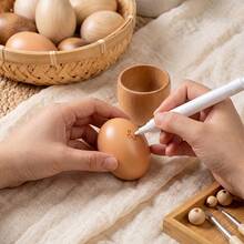 2pcs Handmade Wooden Realistic Chicken Eggs, Lifelike Wood Grain Texture, Poultry Decoy Model, Farm Theme Decoration, Farmhouse Style Home Accents - Light Brown - View 2