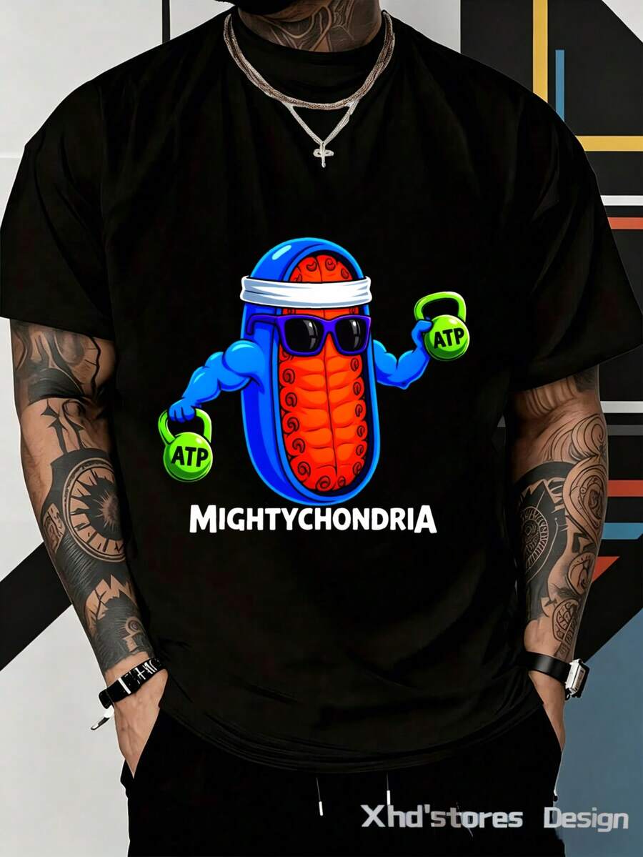 Camiseta para hombre Entrenamiento con kettlebell Mighty Chondria ATP Cómodo y versátil Casual al Aire Libre de Manga Corta - Negro - Ver 1