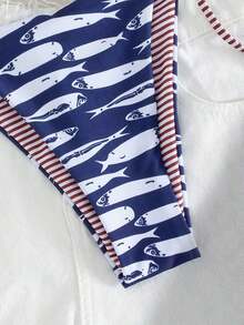Swim Vcay Conjunto de bikini sexy de 2 piezas para mujer con lazo en el hombro, inalámbrico y con relleno extraíble, adecuado para la playa y el aeropuerto - Azul y blanco - Ver 6
