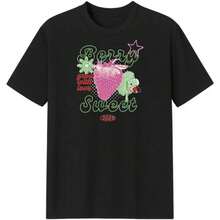 Una camiseta de manga corta para mujer con estilo retro americano, de corte holgado y con diseño estampado (los pantalones son solo para sugerencias de estilo). Esta pieza sencilla y elegante presenta un patrón de letras impresas con temática tropical, lo que la convierte en un elemento imprescindible para crear un look relajado de vacaciones, perfecto para ocasiones como el Día del Trabajo y el Día de la Independencia de México. - Negro - Ver 2