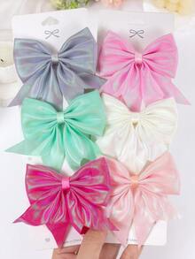6pcs Random Multi-Color Iridescent Bow Hair Clips, Solid Color Barrettes For Cute Girls, Fashionable Daily & Party Hair Accessories - Multicolor - View 8