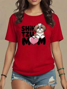 Illustration Of A Cute Shih Tzu Dog Sitting Next To A Pink Heart Symbolizing Love And Tenderness Towards Pets. Women's T-Shirt, 100% Soft And Comfortable Cotton For Animal Lovers, Maija Curvy Women. - 紅色 - 查看 9