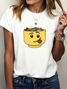 Camiseta Casual de Cuello Redondo con Estampado de Dibujos Animados - Camiseta de Manga Corta para Mujer, Estilo Y2K, Cómoda para Todas las Temporadas, Lavable a Máquina, Atuendo Moderno con Tela de Alta Calidad - Blanco - Ver 3
