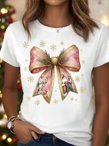Christmas Bow S Design, Women's Summer White Round Neck Short Sleeve T-Shirt, Breathable Casual Short Sleeve T-Shirt, Comfortable And Breathable, Perfect As A Halloween/Christmas Gift, Women's Classic White Round Neck Tee - 白色 - 查看 1