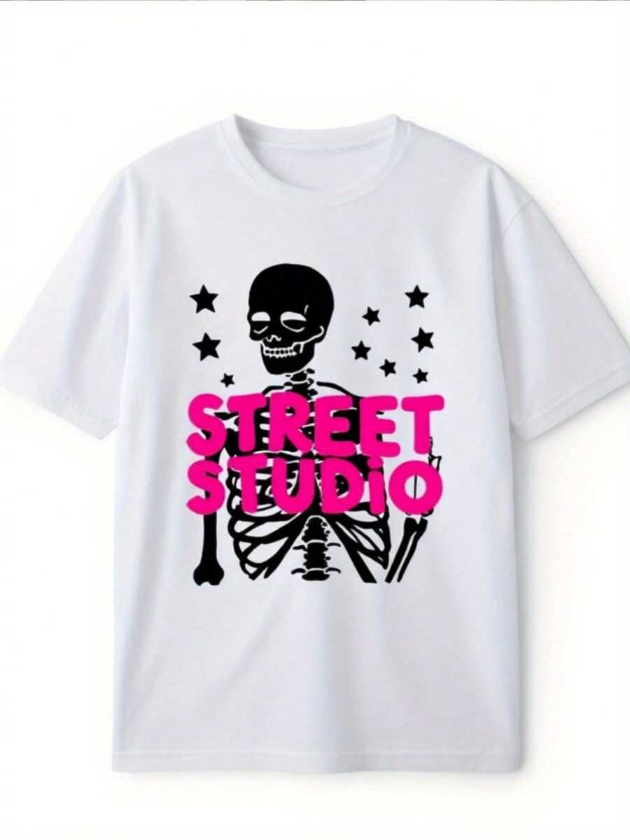 Camiseta gráfica Skull STREET STUDIO Stars. Camiseta de manga corta de cuello de tulación blanco de verano de las mujeres, top de manga corta ligero. Suave y y. I para Halloween o regalos de Navidad
