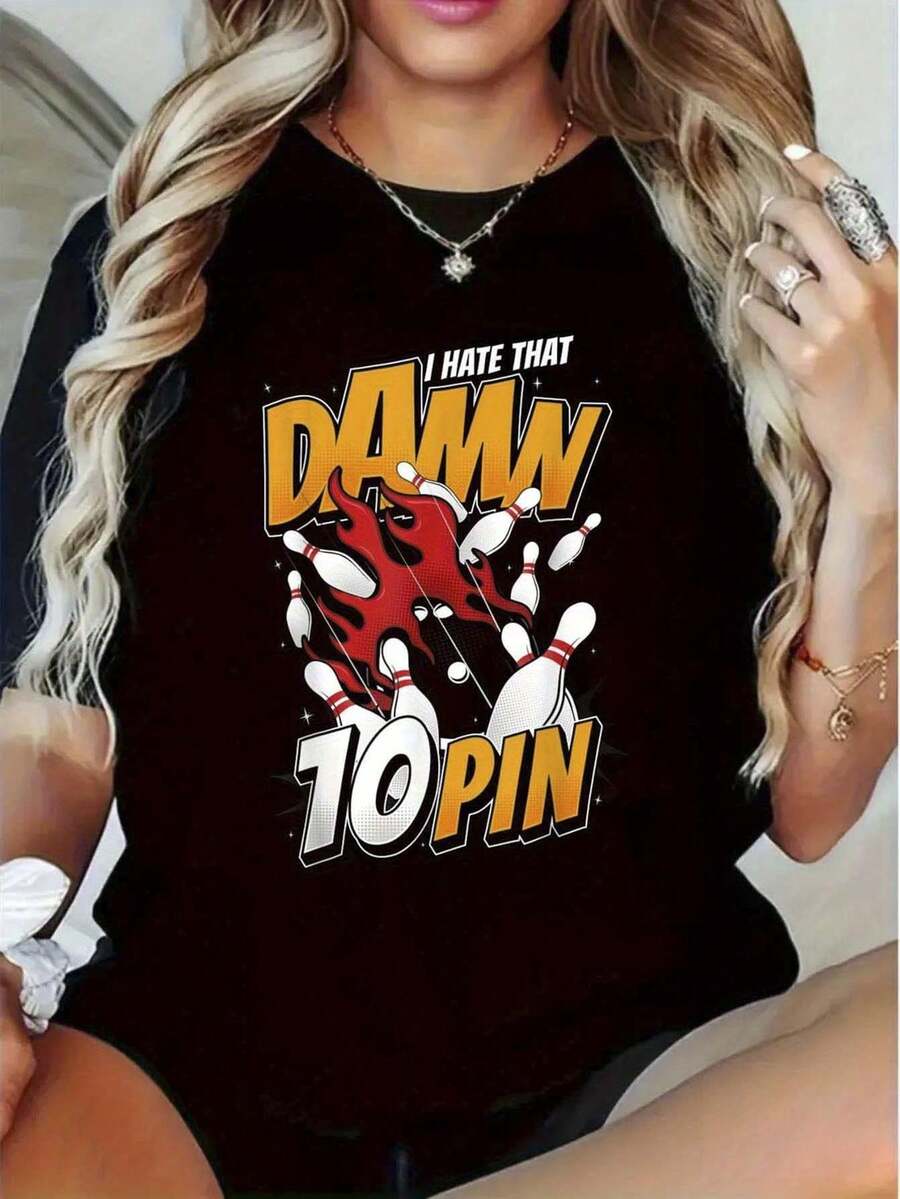 OversizeCamiseta de  de manga corta, estampada con un diseño de golf y la frase "I HATE THAT DAMN 10 PIN". Cuenta con un cuello redondo informal y corte regular, está hecha de un tejido cómodo, adecuada para cualquier temporada. Linda. - Negro - Ver 1