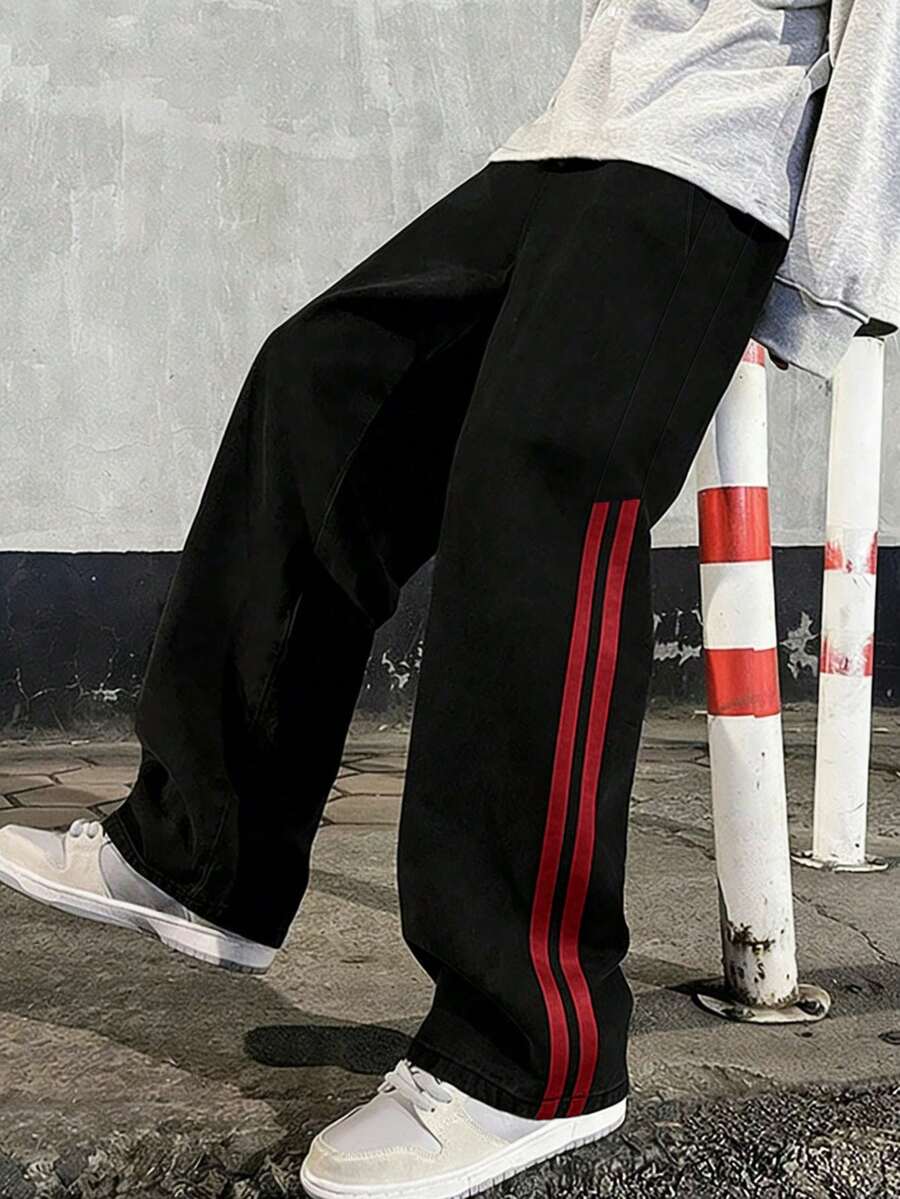 1件男童青少年舒適運動側條紋百搭寬鬆休閒長褲 - 紅色 - 查看 1