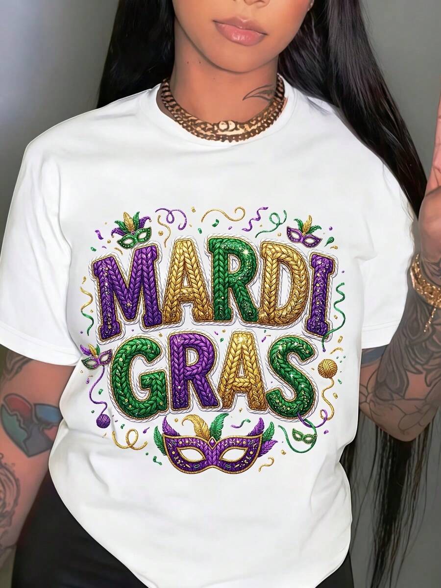 Camisetura de cuello redondo de la mujer con impresión de carta de moda | Cómodo y transpirable, diseño minimalista, i para el uso casual diario, estilo elegante l, esencial para las fiestas de verano, envío local, impresión 2D