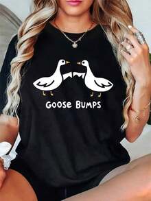 Camiseta con Estampado Goose Bumps - Camiseta Casual de Cuello Redondo con Ligera Elasticidad para Mujer - Top de Manga Corta de Tejido de Punto para Todas las Temporadas - Negro - Ver 1