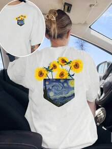 Women's Casual T-Shirt With Front And Back Print, Van Gogh Style With Sunflowers And Starry Sky, Round Neck - Comfortable Fit, Classic Design, Y2k Style - White - View 10
