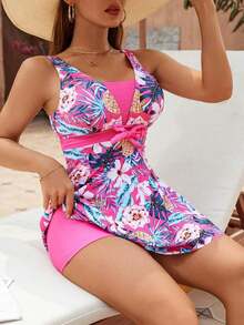 Swim Lushoire Top de estilo tankini con estampado tropical de plantas, anudado a la cintura, para playa y verano, para mujer - Multicolor - Ver 3