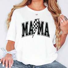 1 Piece Women's Graphic Print T-Shirt, College Style T-Shirt For Mom, Plaid T-Shirt For Mom, Mother's Day Gift, Lightning Bolt Print Sweatshirt For Mom, Mother's Day T-Shirt Gifts For Mom's Birthday, Casual Short Sleeve Crew Neck T-Shirt For Women, 1 Piece Fashion Shirt, Gift For Mom, Thanksgiving Gift, 180g 100% Cotton, All Patterns Are Printed. Unisex. - 白色 - 查看 1