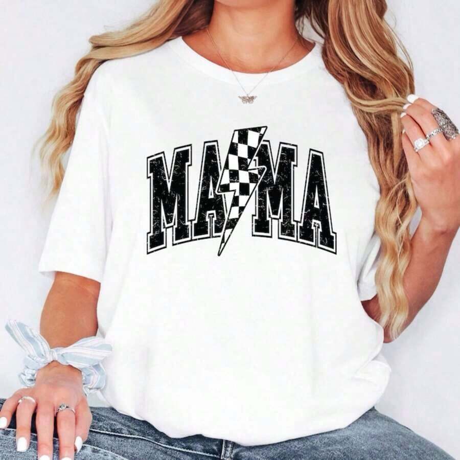 1 Piece Women's Graphic Print T-Shirt, College Style T-Shirt For Mom, Plaid T-Shirt For Mom, Mother's Day Gift, Lightning Bolt Print Sweatshirt For Mom, Mother's Day T-Shirt Gifts For Mom's Birthday, Casual Short Sleeve Crew Neck T-Shirt For Women, 1 Piece Fashion Shirt, Gift For Mom, Thanksgiving Gift, 180g 100% Cotton, All Patterns Are Printed. Unisex. - 白色 - 查看 1
