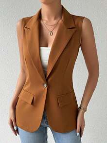 Blazer sin mangas de estilo elegante de color verde oliva para mujer, chaleco casual con solapa y botón en tela tejida lisa, corte regular - Café integral - Ver 4