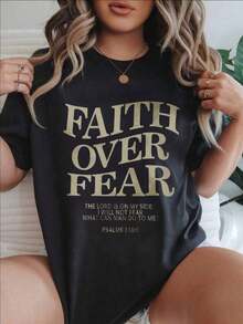 Women's Casual Short Sleeve T-Shirt - Psalm 118:6 'Faith Over Fear' Verse Print, Crew Neck, Summer Top, Machine Washable, Ladies' T-Shirts, Casual Wear, Modern Style, Comfortable Fit

-White - 黑色 - 查看 1