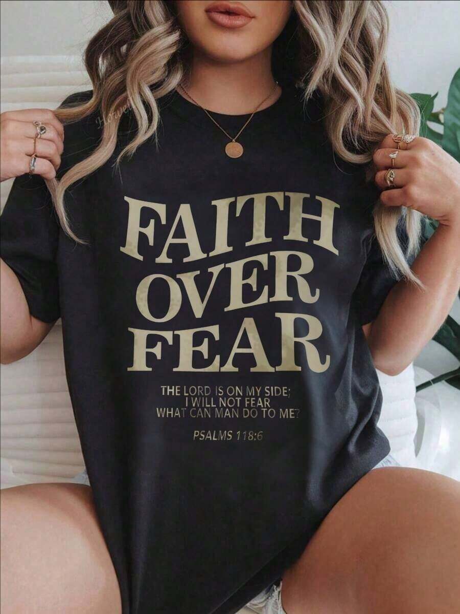 Women's Casual Short Sleeve T-Shirt - Psalm 118:6 'Faith Over Fear' Verse Print, Crew Neck, Summer Top, Machine Washable, Ladies' T-Shirts, Casual Wear, Modern Style, Comfortable Fit
-White - 黑色 - 查看 1