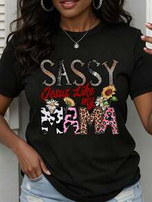 Camiseta de Cuello Redondo para Mujer, Diseño Casual de Verano con Estampado de Leopardo y Vaca, Diseño Floral, Manga Corta, Estilo Sassy Jesus Like My Mama - Negro - Ver 7