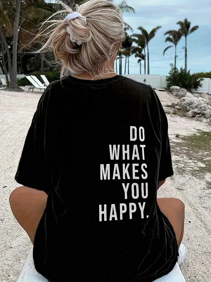 Women's Casual Short Sleeve Crew Neck T-Shirt With "DO WHAT MAKES YOU HAPPY" Slogan Print, Drop Shoulders, Relaxed Fit, Medium Elasticity Breathable Fabric, Machine Washable, Spring Summer Top, Cute T-Shirts, Casual Outfit, Fun Design T-Shirt, Medium Elasticity Fabric, Y2k T-Shirt. - 黑色 - 查看 1