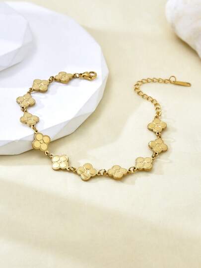 TONSI 1 pieza Brazalete de acero inoxidable chapado en oro de 18K con flor de la suerte de estilo vintage y elegante, accesorio minimalista y versátil que no se desvanece, adecuado para el uso diario, fiestas y uso en verano de las mujeres