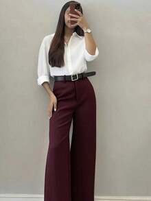 Pantalones casuales de pierna acampanada con diseño minimalista para mujer, adecuados para ir al trabajo, la oficina, uso diario, todo el año, color rosa primaveral - Burdeos - Ver 5