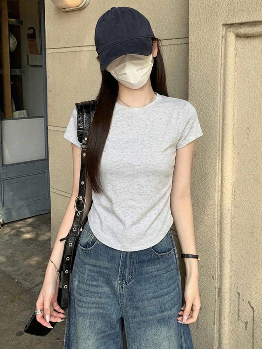 Camiseta de manga corta casual de verano con cintura recogida/plisada para mujer - Gris Claro - Ver 1