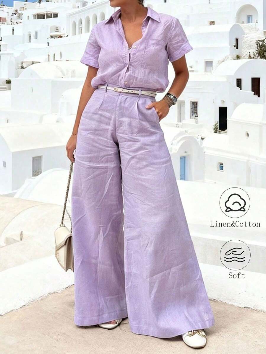 GLOURI Women's Lavender Collared Short-Sleeve Two-Piece Set - Button-Front & Wide-Leg Pants & Belt Detail | Elegant Relaxed Style For Coastal Vacations (Relaxed Silhouette & Waist-Defining Belt Detail) For Effortlessly Chic Looks - Purple - View 1