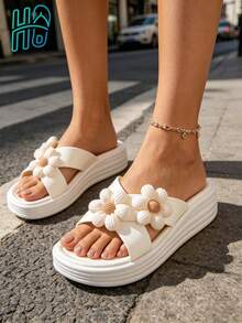 Damen bequeme & modische Sandalen mit Blumendekoration, Casual Alltagstragen, Strand Slip-On Pantoffeln, Damen Sommer Sandalen, Strand Essentiell, Damen Sommer Outfit, weiße Pantoffeln, weiße Sandalen - Weiss - Übersicht 2