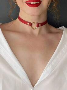 1件装女士性感朋克风颈链，哥特式黑色PU皮革流苏铆钉束缚铃铛派对饰品配饰 - 紅色 - 查看 3