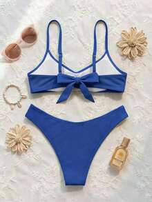 Bộ bikini phong cách Bohemian mùa xuân/hè mới về, dây đeo có thể điều chỉnh, cổ chữ V, gợi cảm, thanh lịch, thích hợp cho bãi biển, kỳ nghỉ và tiệc tùng. - Màu xanh lam - Xem 3